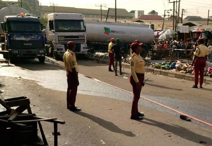PHOTOS: Petrol-loaded Tanker Gets Stuck On Lagos Road